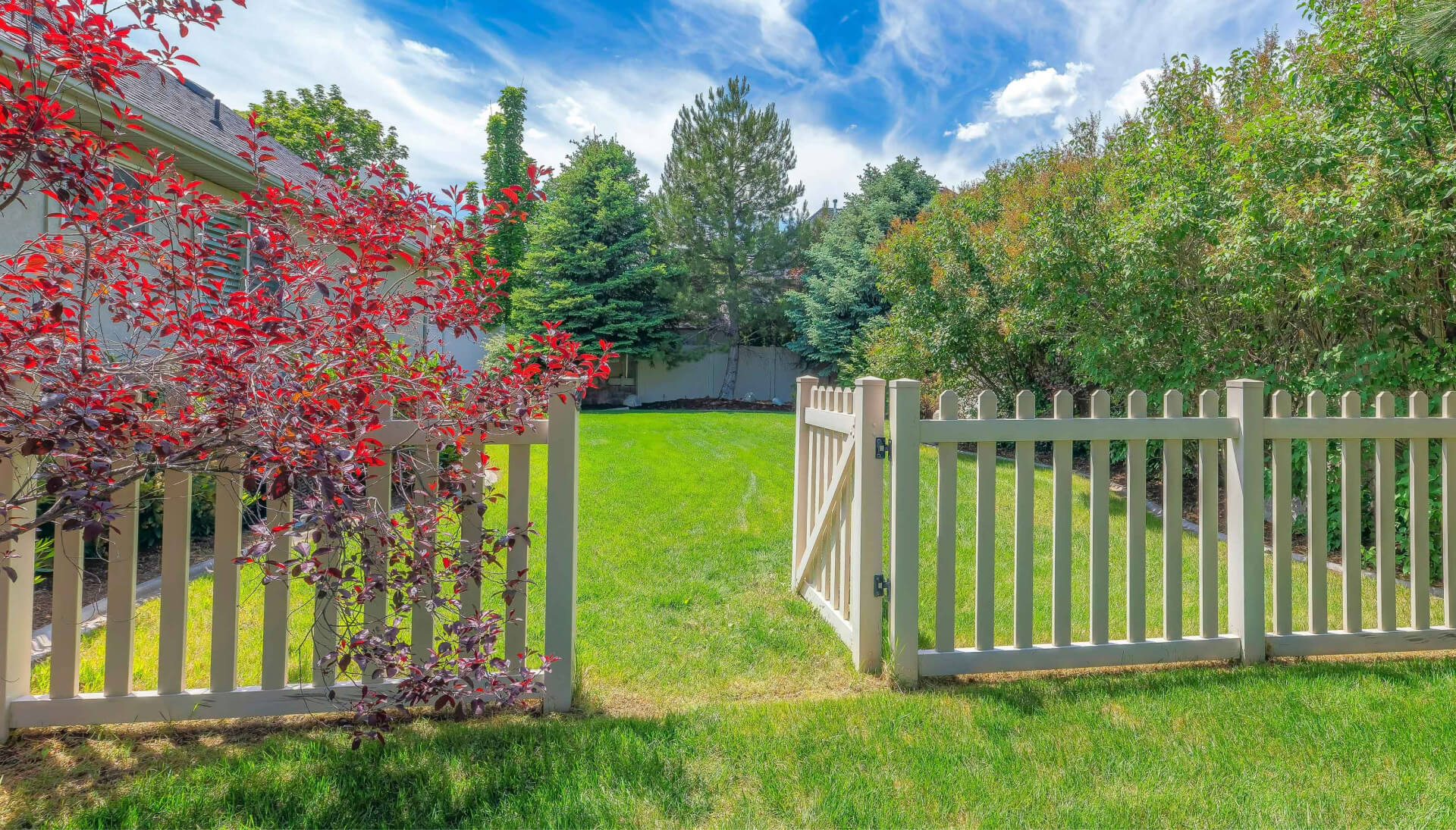A functional fence gate providing access to a well-maintained backyard, surrounded by a wooden fence in Wilmington